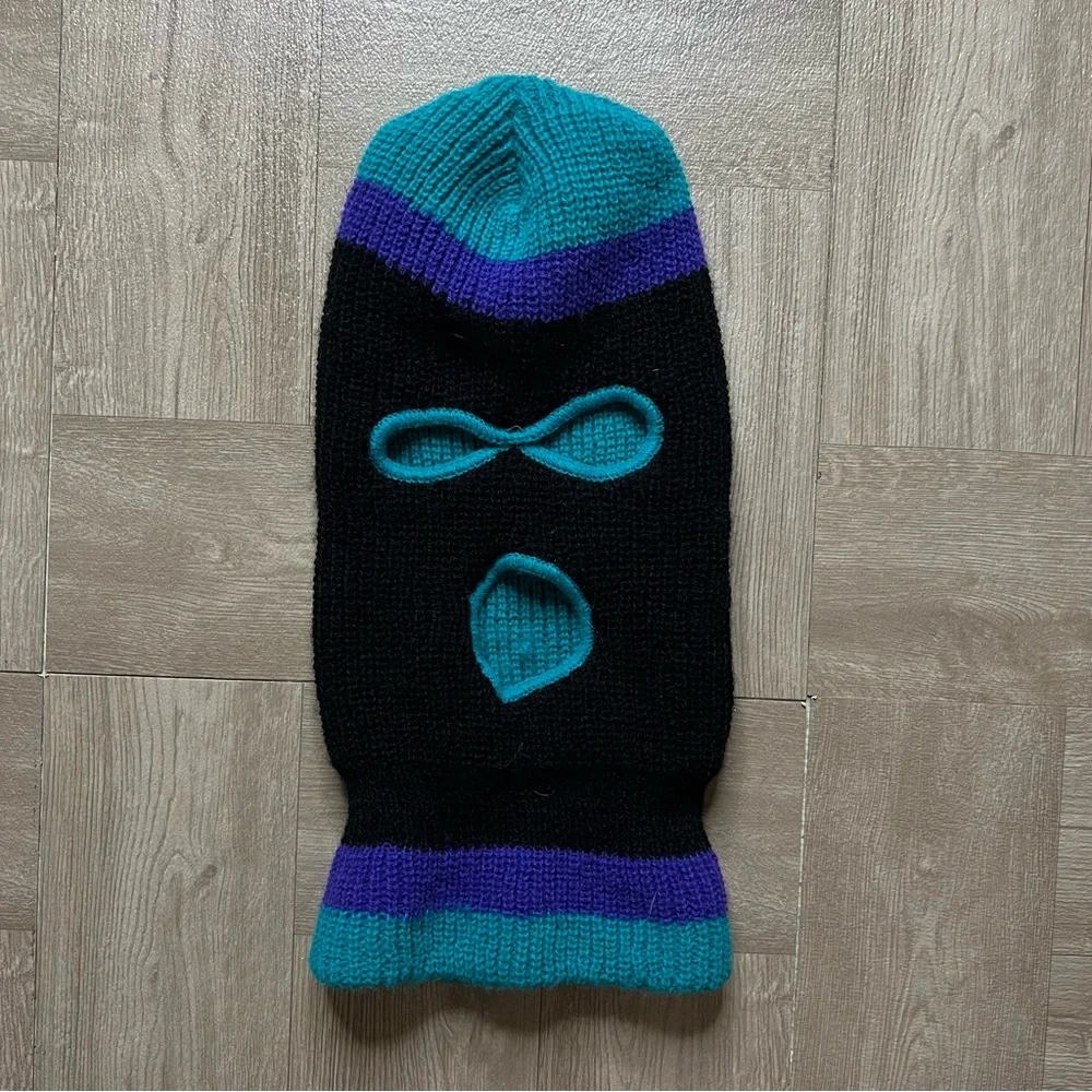 Black Knit Ski Mask with Teal and Purple Accents